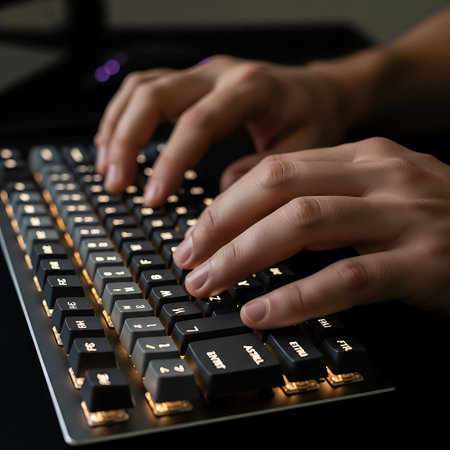 Close up of female hands typing on computer keyboard on dark background.の写真素材