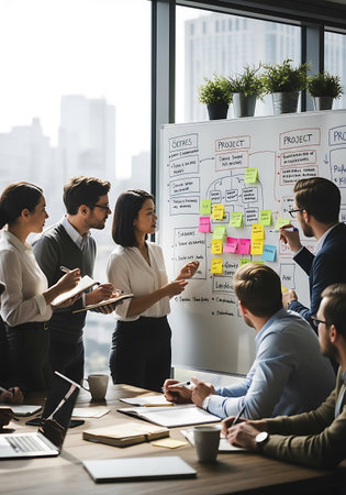 Group of business people brainstorming on white board in modern office.