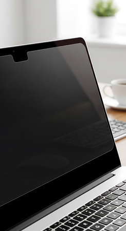 Laptop with blank screen on wooden table in office, closeupの写真素材