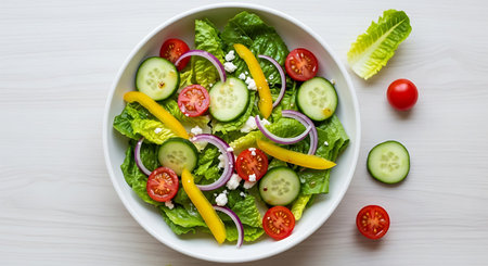 Fresh vegetable salad with feta cheese in white bowl, top viewの写真素材