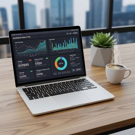 laptop with financial charts and graphs on screen. 3d rendering.
