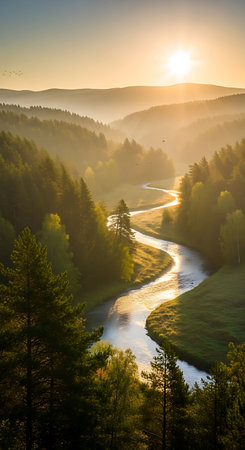 Beautiful sunrise over the river in the forest. Landscape.の写真素材