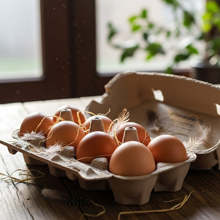 Eggs in a carton box on a wooden background.