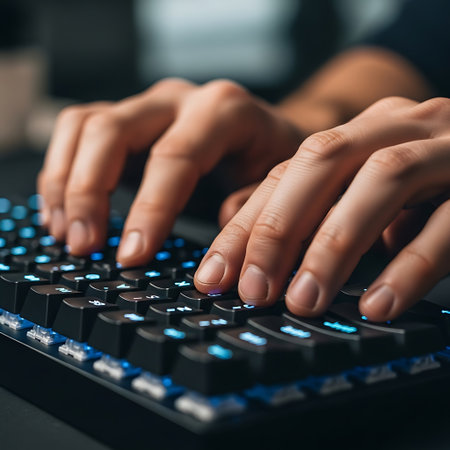 Close-up of female hands typing on the keyboard of a computerの写真素材