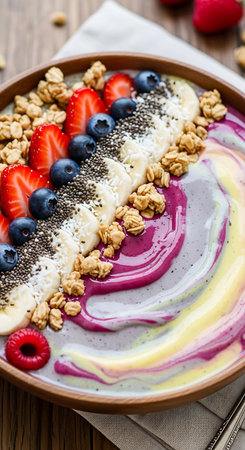 Healthy breakfast with yogurt, berries and granola on wooden background