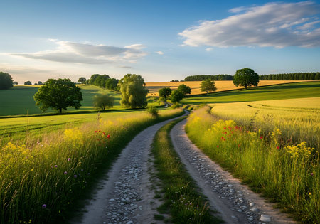 Beautiful summer landscape with a road and a meadow at sunsetの写真素材