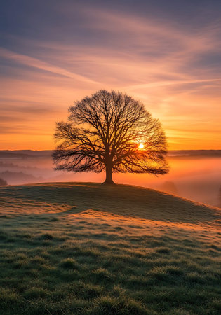 Beautiful winter sunrise over misty meadow with lonely oak tree
