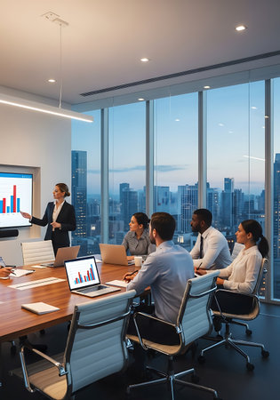 Group of business people having a meeting in modern office with panoramic window and city view