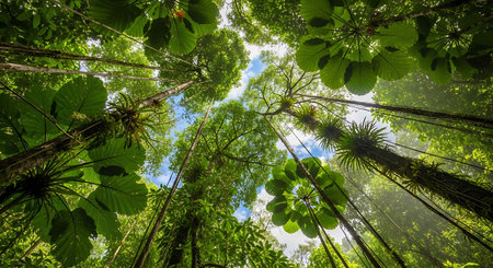 Tropical forest view from below into the sky, Thailand.