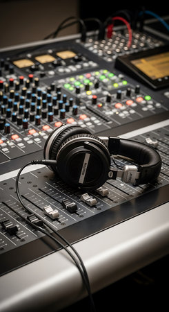 Professional audio mixing desk with headphones, close-up. Selective focus.