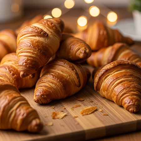 Freshly baked croissants on a wooden board, close upの写真素材