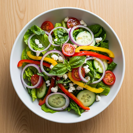 Fresh vegetable salad with feta cheese and tomato in a white bowlの写真素材