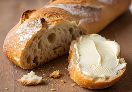Fresh baguette with butter on a wooden board, selective focusの写真素材