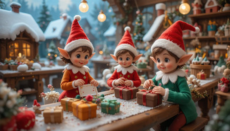 Christmas decoration with Santa Claus and elf on the background of Christmas treesの写真素材