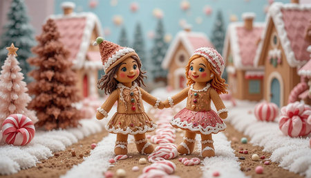 Christmas and New Year background. Gingerbread houses in the form of dolls.の写真素材