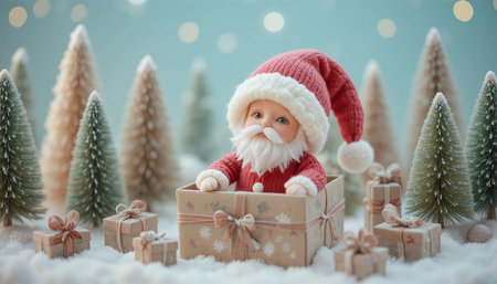 Christmas background with Santa Claus, gift box and christmas trees.の写真素材