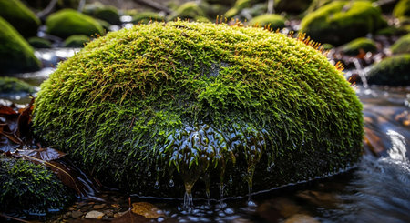 Green moss on a rock in a stream, close-up.の写真素材