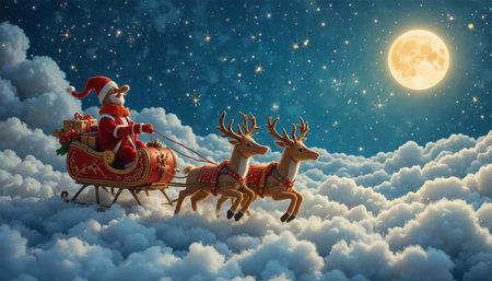 Santa Claus with reindeer sleigh flying high in the skyの写真素材