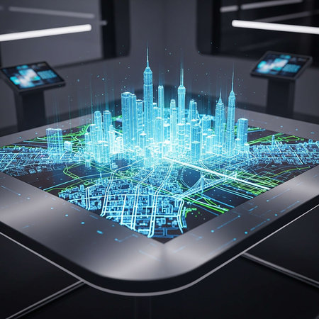 Tablet with hologram of a modern city. 3d rendering