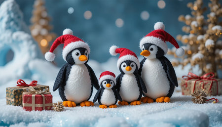 Christmas greeting card with cute penguins. New Year concept. Copy space.の写真素材