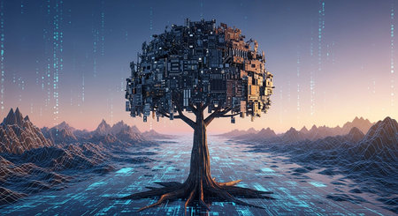 Futuristic tree with binary code on blue background. 3D renderingの写真素材