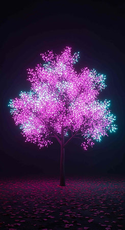 Tree with pink and purple lights on a dark background. Vector illustration.の写真素材