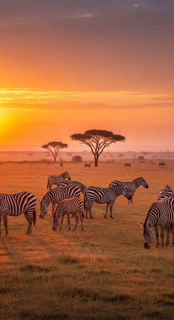 Zebras at sunset in Serengeti National Park, Tanzaniaの写真素材