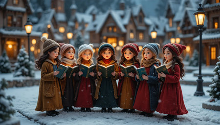 Little girls in winter clothes reading a book in the villageの写真素材