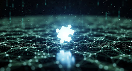 Glowing puzzle piece on dark background. Network and connection concept. 3D Renderingの写真素材