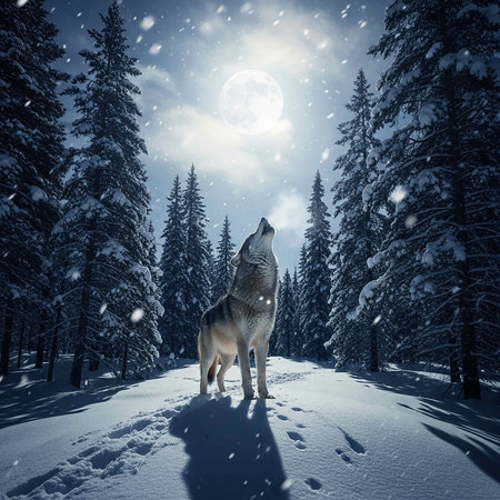 Wolf in the winter forest with full moon. 3D rendering.の写真素材