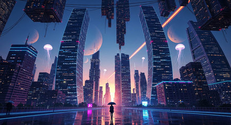 Silhouette of businessman with umbrella walking on the road at nightの写真素材