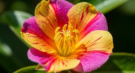 Close up of a yellow and red flower with water droplets.の写真素材