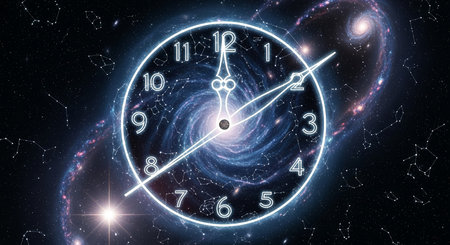 Digital composite of Clock and galaxy against black background with stars and flaresの写真素材