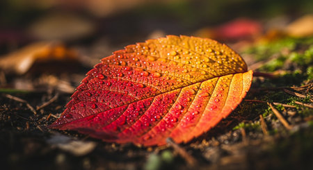 Autumn leaf with water drops on the ground, close-upの写真素材