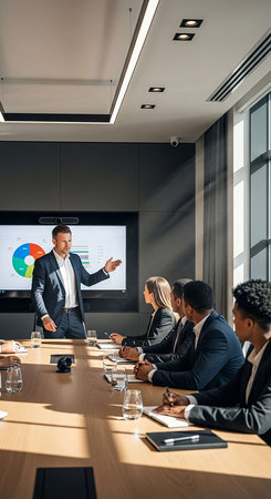 high angle view of multiethnic businesspeople talking at meeting in conference room