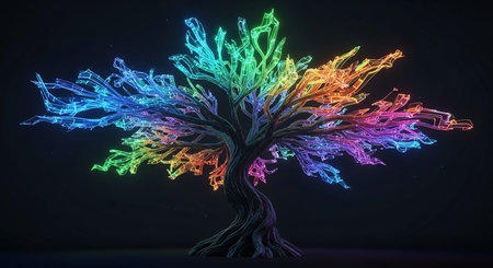3D rendering of an abstract tree in neon light on a dark background