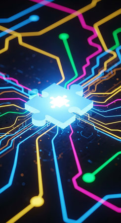 3d illustration of circuit board with glowing puzzle piece. Network conceptの写真素材
