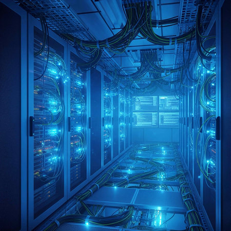 Futuristic server room with blue lights. 3D Rendering
