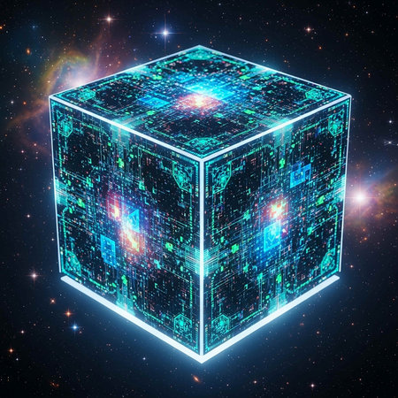 Futuristic cube with digital binary code in space. 3D renderingの写真素材