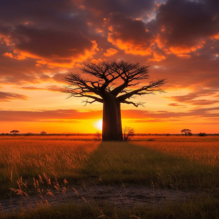 Sunset over baobab tree in the savannah of Madagascarの写真素材