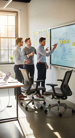 Group of young business people discussing business plan at meeting in modern office