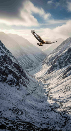 Eagle flying over the mountains in the clouds. 3d rendering