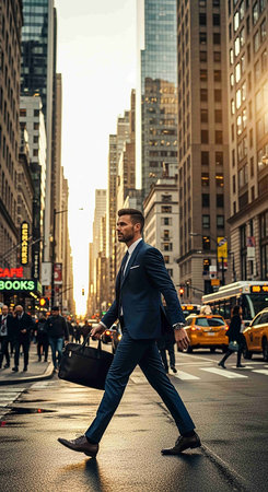 Businessman walking with briefcase in the street of New York Cityの写真素材
