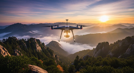 Drone flying over the misty mountains at sunset. 3d renderingの写真素材