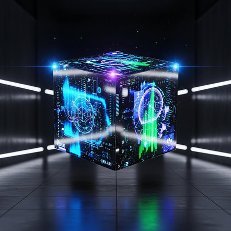 Futuristic glowing cube on black interior background. 3D Renderingの写真素材