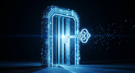 Digital door with key hologram. Security concept. 3D Renderingの写真素材