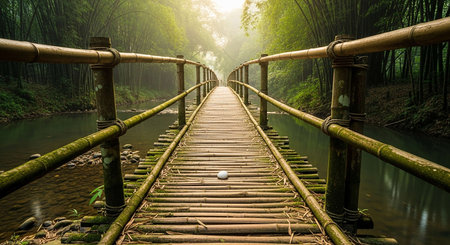 Bamboo bridge over the river in Bamboo forest, Thailand.の写真素材