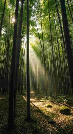Bamboo forest with sunbeams in morning, Arashiyama, Kyoto, Japanの写真素材