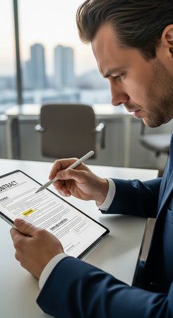 selective focus of handsome businessman writing in clipboard with job application in officeの写真素材