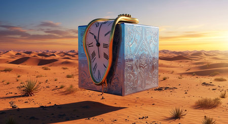 3D rendering of a clock in the middle of the desert at sunsetの写真素材